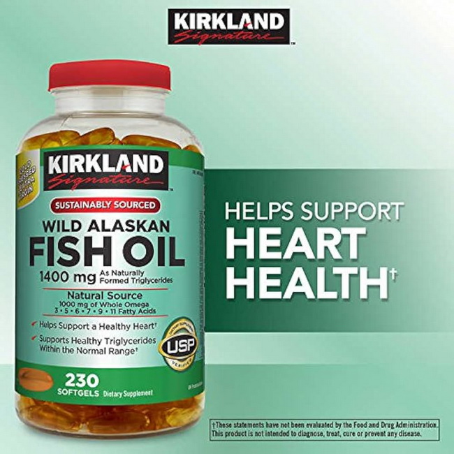 Kirkland Signature Wild Alaskan Fish Oil 1400 mg 230 Softgels น้ำมันปลาที่มาจากรัฐอลาส และความเข้มข้นของปริมาณน้ำมันปลาถึง1400mgต่อเม็ดค่ะใน 1 เม็ดดูแลหัวใจ ,ลดไขมันในเลือด ให้เลือดไหลเวียนไปเลี้ยงอวัยวะต่าง ๆ ได้ดี ผลิตขึ้นโดยเฉพาะโดยใช้กระบวนการสกัดเย็น