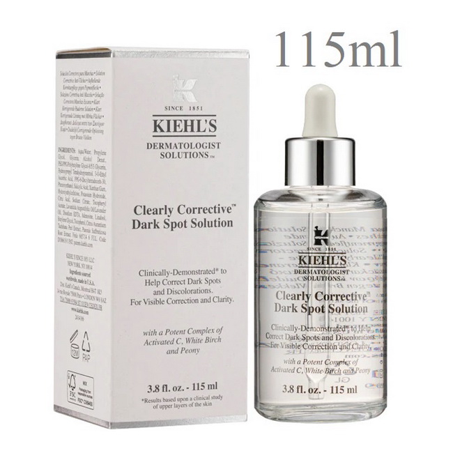Kiehl's Clearly Corrective Dark Spot Solution 115 ml. เซรั่มปรับสีผิวให้สม่ำเสมอ ลดเลือนจุดด่างดำอย่างมีประสิทธิภาพและรวดเร็ว ช่วยให้ผิวสว่างสดใสเป็นประกาย เห็นผลเร็วภายใน 2 สัปดาห์