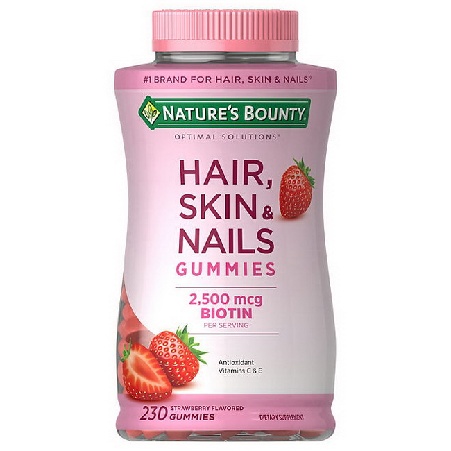 Nature's Bounty Optimal Solutions Hair, Skin & Nails Gummies with Biotin 2500 mcg. 230 Strawberry Gummies แค่เคี้ยวๆ ผมก็สวย เล็บแข็งแรงได้ด้วยเจลลี่เม็ดวิตามินรสสตรอเบอร์รี่ ที่มีส่วนผสมของไบโอตินช่วยบำรุงผมดกหนา เงางาม ผิวกระจ่างใส เล็บแข็งแรง
