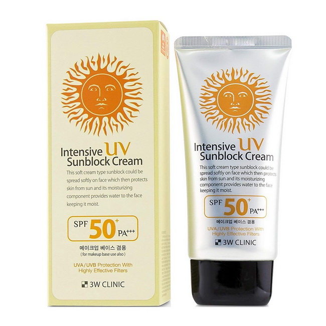 3W Clinic Intensive UV Sunblock Cream SPF50+ PA+++ 70 ml. ครีมกันแดดเกาหลี สำหรับผิวหน้าสูตรอ่อนโยนเนื้อบางเบาผสมมอยส์เจอร์ไรเซอร์ ช่วยเก็บความชุ่มชื่นให้กับผิวหน้า เหมาะสำหรับผิวแพ้ง่าย เนื้อครีมละเอียดอ่อน ไม่ทำให้หน้ามัน ไม่เหนียวเหนอะหนะ ซึมเข้าสู่ผิว