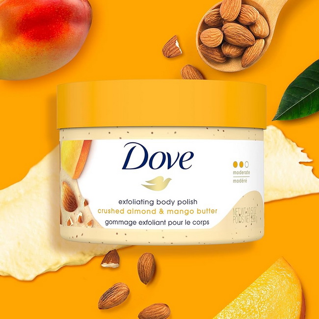 Dove Exfoliating Body Polish Scrub Crushed Almond & Mango Butter 298ml. สครับผิวกาย เป็นสครับที่มีฟองไม่ต้องใช้สบู่เหลวตัวอื่นก่อน สามารถใช้ตัวนี้ได้เลย จบในขั้นตอนเดียว เม็ดสครับละเอียดจากเมล็ดอัลมอนด์ เนื้อสครับแบบมูสนุ่มๆ ครีมๆ ขัดสนุกเลยค่ะ มีฟองอ