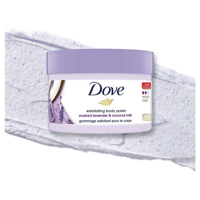 Dove Exfoliating Body Polish Scrub Crushed Lavender & Coconut Milk 298 ml. สครับผิวกาย เป็นสครับที่มีฟองไม่ต้องใช้สบู่เหลวตัวอื่นก่อน สามารถใช้ตัวนี้ได้เลย จบในขั้นตอนเดียว เม็ดสครับละเอียดเนื้อสครับแบบมูสนุ่มๆ ครีมๆ ขัดสนุกเลยค่ะ มีฟองอ่อนๆ ทำให้สครั