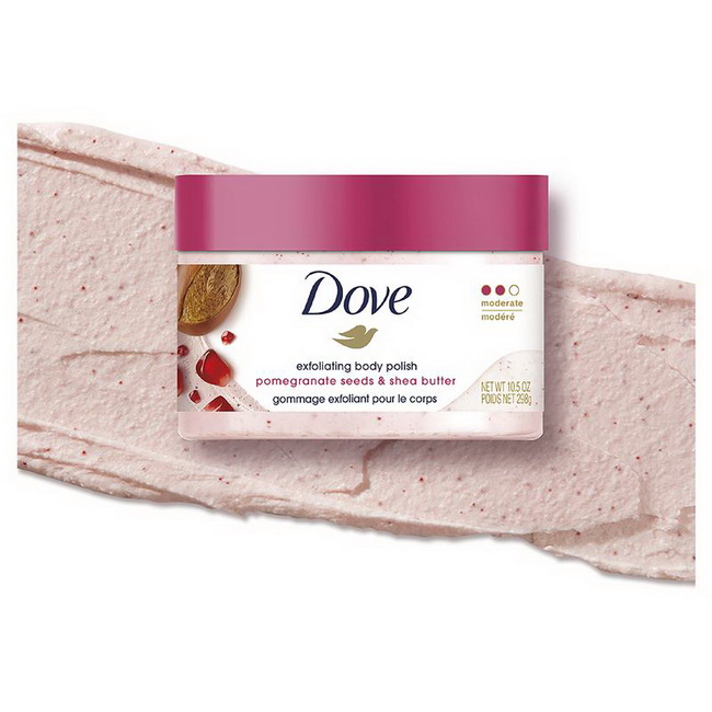 Dove Exfoliating Body Polish Scrub Crushed Pomegranate Seeds & Shea Butter 298 ml. สครับผิวกาย เป็นสครับที่มีฟองไม่ต้องใช้สบู่เหลวตัวอื่นก่อน สามารถใช้ตัวนี้ได้เลย จบในขั้นตอนเดียว เม็ดสครับละเอียดเนื้อสครับมีเนื้อครีมเข้มข้น เหมือนวิปครีม มีฟองอ่อนๆ 