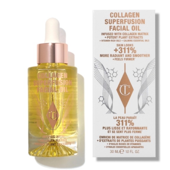 Charlotte Tibury Collagen Superfusion Facial Oil 30 ml. นวัตกรรมความงามใหม่ที่ผสานสุดยอดคอลลาเจนจากพืชธรรมชาติ และน้ำมันสกัดจากซุปเปอร์ฟู้ดเอาไว้ภายในขวดเดียว เพิ่มประสิทธิภาพในการกักเก็บความชุ่มชื้นและฟื้นบำรุงผิวขึ้นอีกขั้น ให้คุณสัมผัสกับผิวที่ผ่อนคลาย