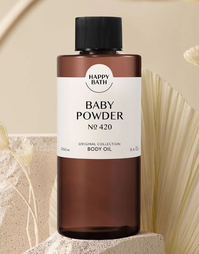 Happy Bath Body Oil 250 ml. NO.420 Baby Powder กลิ่นแป้งเด็กหอมบริสุทธิ์จากธรรมชาติ บอดี้ออยล์บำรุงผิวกาย มอยส์เจอไรเซอร์บำรุงผิวเข้มข้น สารสกัดจากน้ำมันธรรมชาติ Argan Oil , Olive Oil Jojoba Seed Oil ,Incarta Passionflower Oil 