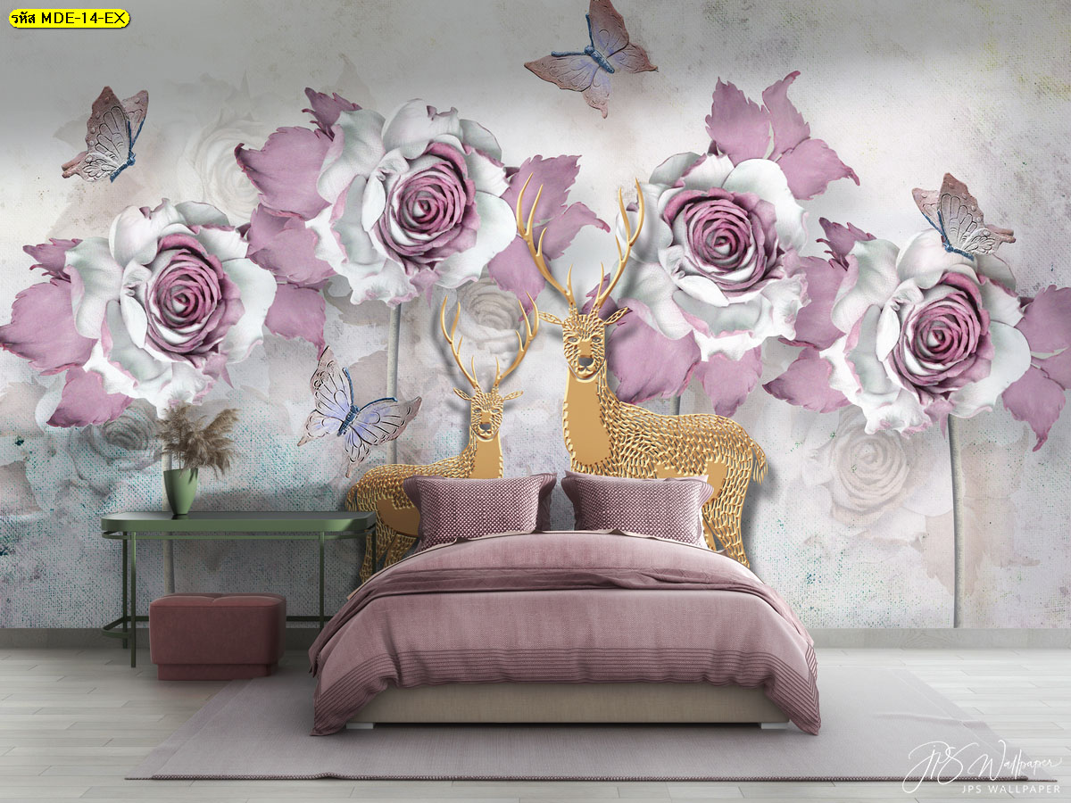 แต่งห้องนอน โทนสีชมพู ด้วย wallpaper ติดผนัง ลายวัยรุ่น