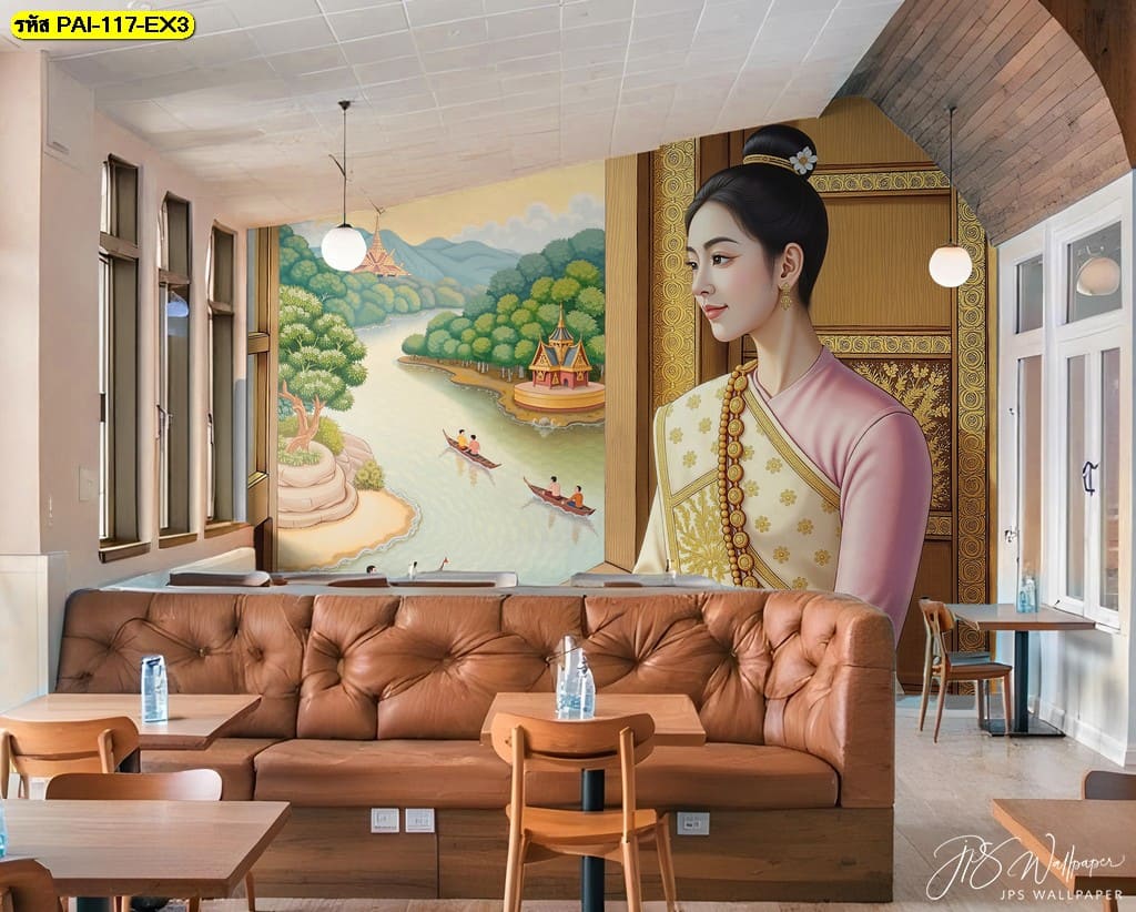 วอลเปเปอร์ลายไทย เติมเต็มบรรยากาศไทยร่วมสมัยให้ร้านอาหารไทยของคุณโดดเด่น ด้วยภาพหญิงสาวในชุดไทย