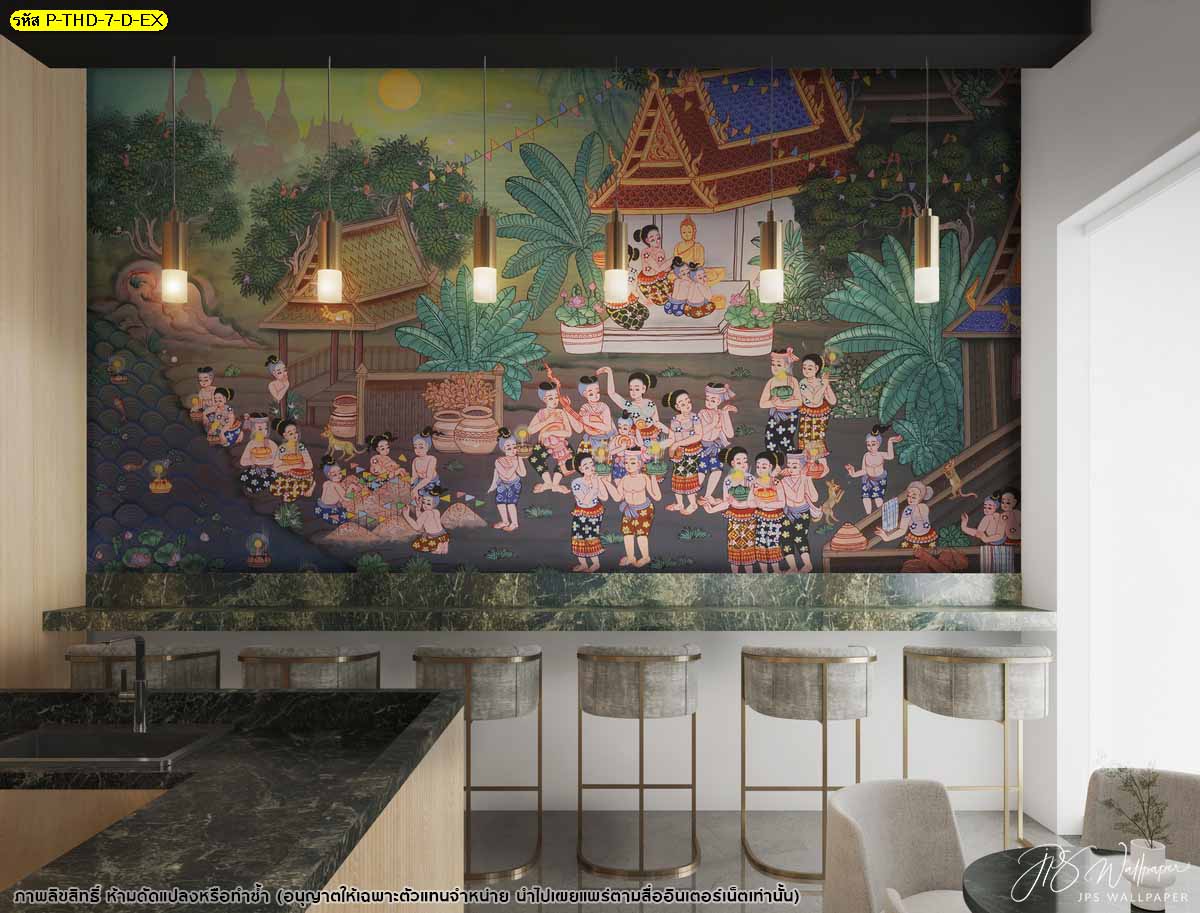 ภาพพิมพ์ลายประเพณีไทย ประเพณีลอยกระทง ตกแต่งห้องอาหาร ห้องรับแขก