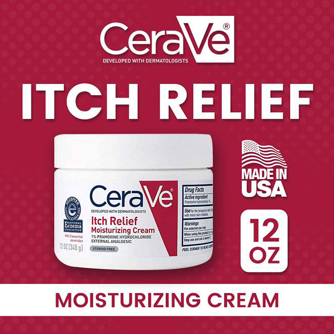 CeraVe Itch Relief Moisturizing Cream 340g. เซราวี แบรนด์ที่คิดค้นขึ้นโดยผู้เชี่ยวชาญด้านผิวหนังจากอเมริกา ตัวนี้เป็นครีมบำรุงผิวเข้มข้น สำหรับผิวแห้งมาก ปัญหาผิวหยาบกร้าน เช่น ผิวหนังลอกเป็นขุย มีอาการคัน