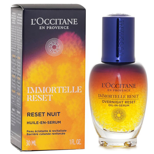 L'occitane New Immortelle Reset Oil-in-Serum 30 ml. สูตรใหม่ของเซรั่ม Immortelle Reset ช่วยให้ผิวของคุณเรียบเนียน ลดเลือนริ้วรอย มอบความกระจ่างใส พร้อมปลอบประโลมผิวจากความเครียดในชีวิตประจำวัน