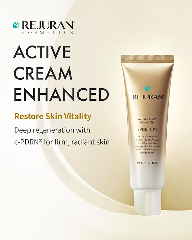 Rejuran Active Cream Enhanced 50ml. ครีมรีจูรันหลอดสีทองสูตรปรับปรุงใหม่ พัฒนาดีขึ้นกว่าเดิม เพิ่มกรดอะมิโนสามชนิด เปปไทด์คอมเพล็กซ์ และคอลลาเจนที่ช่วยให้ผิวกระชับและยืดหยุ่น และ ELASTICITY RECOVERY & LIFTING ช่วยยกกระชับผิว และเติมเต็มร่องลึก ด้วยส่ว