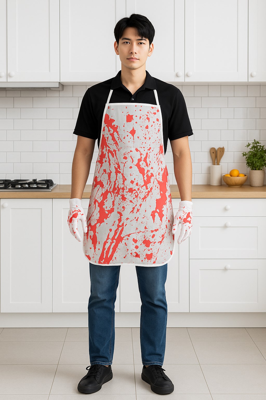 ++พร้อมส่ง++ผ้ากันเปื้อนเลือด+ถุงมือ ผ้ากันเปื้อนฮาโลวีน ผ้ากันเปือนเปื้อนเลือด