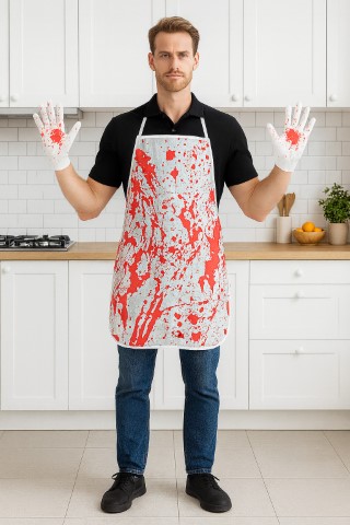 ++พร้อมส่ง++ผ้ากันเปื้อนเลือด+ถุงมือเลือด ผ้ากันเปื้อนฮาโลวีน ผ้ากันเปือนเปื้อนเลือด