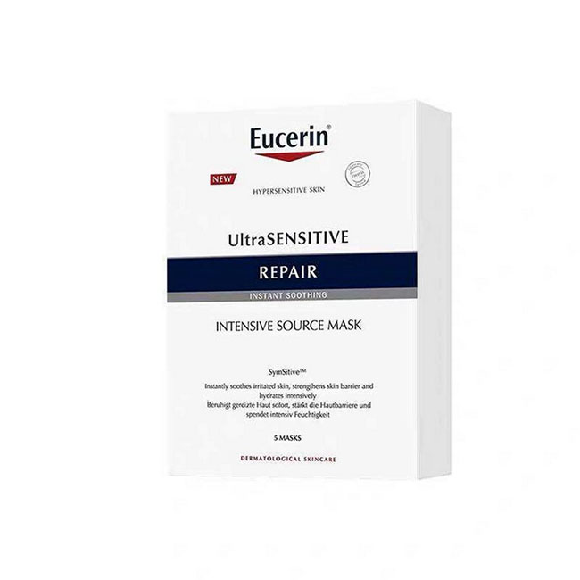 Eucerin Ultra Sensitive Repair Instant Soothing Intensive Source Mask5 Sheet Masks มาส์กหน้าผิวชุ่มชื้นเร่งด่วนรีแพร์ผิว สำหรับผิวบอบบาง แพ้ง่ายให้ความชุ่มชื้นกับผิวทันที ช่วยลดปัญหาผิวแห้ง แดง ระคายเคืองช่วยปลอบประโลมผิวให้ผ่อนคลาย เสริมเกราะปกป้องผิวให้