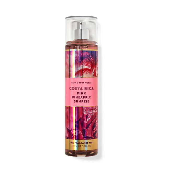 Bath & Body Works Costa Rica Pink Pineapple Sunrise Fine Fragrance Mist 236 ml. สเปร์ยน้ำหอมที่ให้กลิ่นติดกายตลอดวัน สัมผัสกลิ่นหอมของผลไม้เมืองร้อนอันชุ่มฉ่ำในยามรุ่งสาง ซึ่งจะช่วยฟื้นคืนประสาทสัมผัสของคุณและให้ความรู้สึกเหมือนอยู่ในสวรรค์ สับปะรดสีช