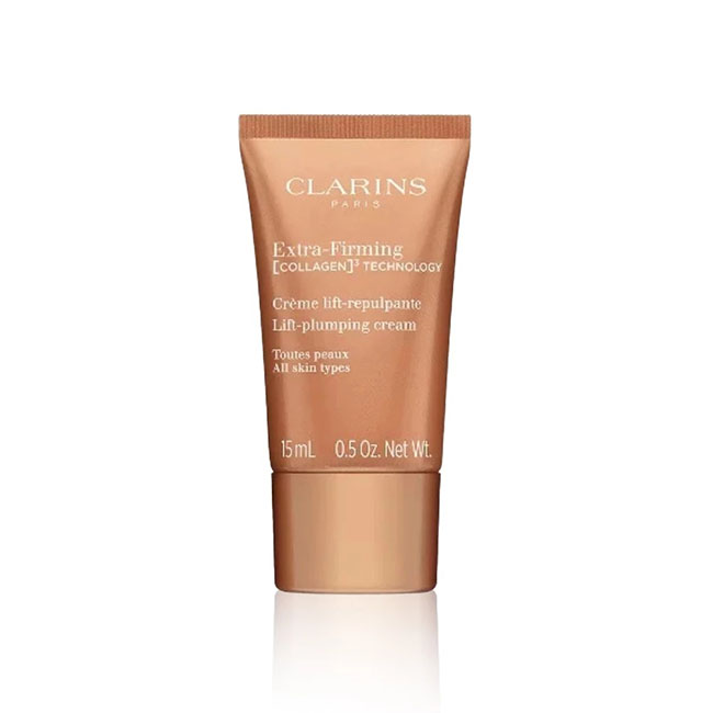 Clarins Extra-Firming Lift Plumping Day Cream All Skin Types ขนาดทดลอง 15 ml. ครีมฟื้นบำรุงผิวหน้าสูตรกลางวันช่วยลดเลือนริ้วรอยและกระชับผิว ด้วยส่วนผสมทรงพลังที่ช่วยเสริมการสร้างคอลลาเจนให้ผิวดูกระชับขึ้นในเวลาเพียง 7 วันหนึ่งเดียวที่มอบคอลลาเจนให้ผิวได้ 