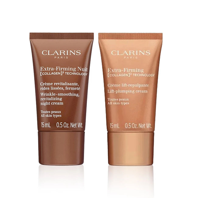 เซ็ทคู่ CLARINS Extra-Firming Day & Night CreamAll Skin Typesขนาดทดลอง 15ml.*2 หลอด เซ็ทคู่ครีมฟื้นบำรุงผิวหน้าสูตรใหม่  สูตรกลางวันและกลางคืนช่วยลดเลือนริ้วรอยและกระชับผิว ด้วยส่วนผสมทรงพลังที่ช่วยเสริมการสร้างคอลลาเจนให้ผิวดูกระชับขึ้นในเวลาเพียง 7 