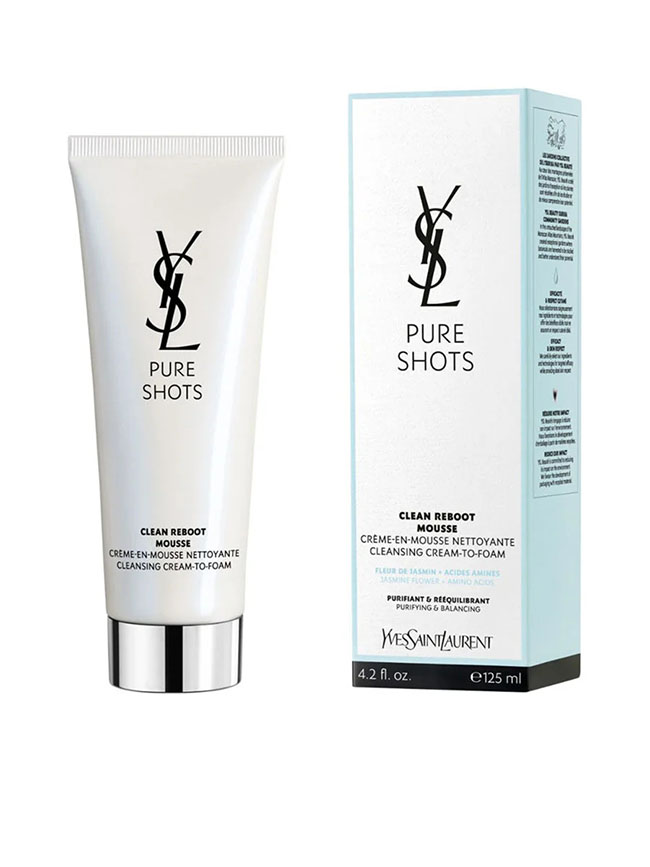 YSL Yves Saint Laurent Pure Shots Clean Reboot Mousse Cleansing Cream to Foam 125 ml. คลีนเซอร์เนื้อครีมเปลี่ยนเป็นโฟมสุดล้ำจาก YSL เทคโนโลยีทำความสะอาดผิวที่อ่อนโยน ไม่ทำให้ผิวแห้ง ด้วยพลังบริสุทธิ์จากสารทำความสะอาด Amino Acid และ Jasmine Flower Extract 
