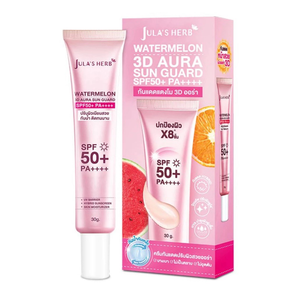 Jula's Herb watermelon 3D Aura Sun Guard 30g. กันแดดแตงโม 3D ออร่า &#65039;    "ครีมกันแดด + ไพรเมอร์ + บำรุงผิว"