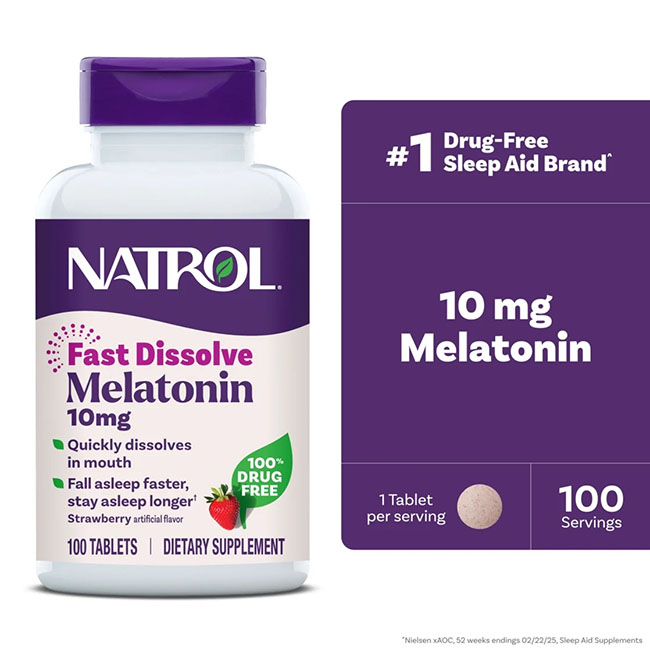 Natrol Melatonin 10 Mg Fast Dissolve Tablets, 100 Tablets Strawberry Flavor ของแท้จากอเมริกา แพคเกจใหม่ 2025 วิตามินเมลาโทนิน สูตรเข้มข้น 10 mg. สำหรับคนหลับยาก แบบเม็ดอมสะดวกทานง่าย รสสตรอเบอร์รี่แสนอร่อย แค่อมให้ละลายในปาก ไม่จำเป็นต้องดื่มน้ำตาม มีคุณส