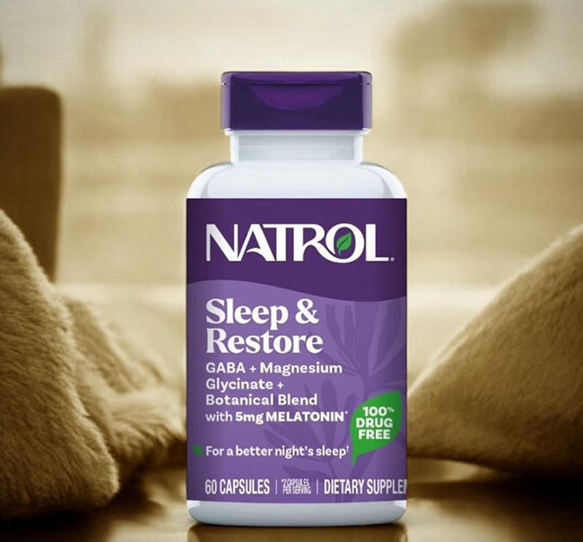 Natrol Sleep & Restore Gaba + Magnesium Glycinate + Botanical Blend with 5 Mg Melatonin 60 Capsules ของแท้จากอเมริกา สัมผัสประสบการณ์การนอนหลับเพื่อการฟื้นฟู ช่วยการนอนหลับสูตรพรีเมียม ซึ่งมีส่วนผสมของเมลาโทนิน 5 มก. เสริมด้วยกาบา แมกนีเซียมไกลซิเนต แ