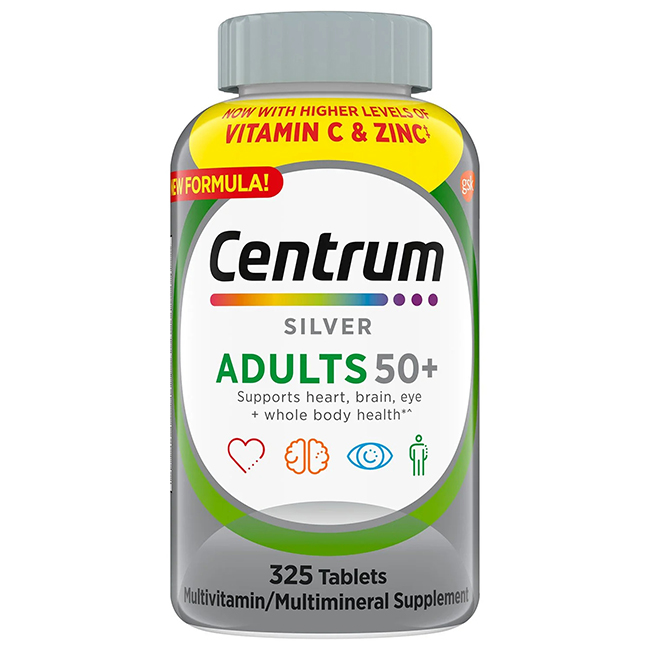 Centrum Silver Adults 50+Multivitamin325 Tabletsวิตามินรวมเซ็นทรัมซิลเวอร์สูตรใหม่ครบถ้วน สำหรับวัยทอง อายุ 50 ปีขึ้นไป ทานได้ทั้งชายและหญิงช่วยเสริมสารอาหารที่ร่างกายต้องการ ลดความเหนื่อยล้า บำรุงสมอง สายตา และกระดูกให้แข็งแรงประกอบด้วยวิตามินรวมและเกลือ