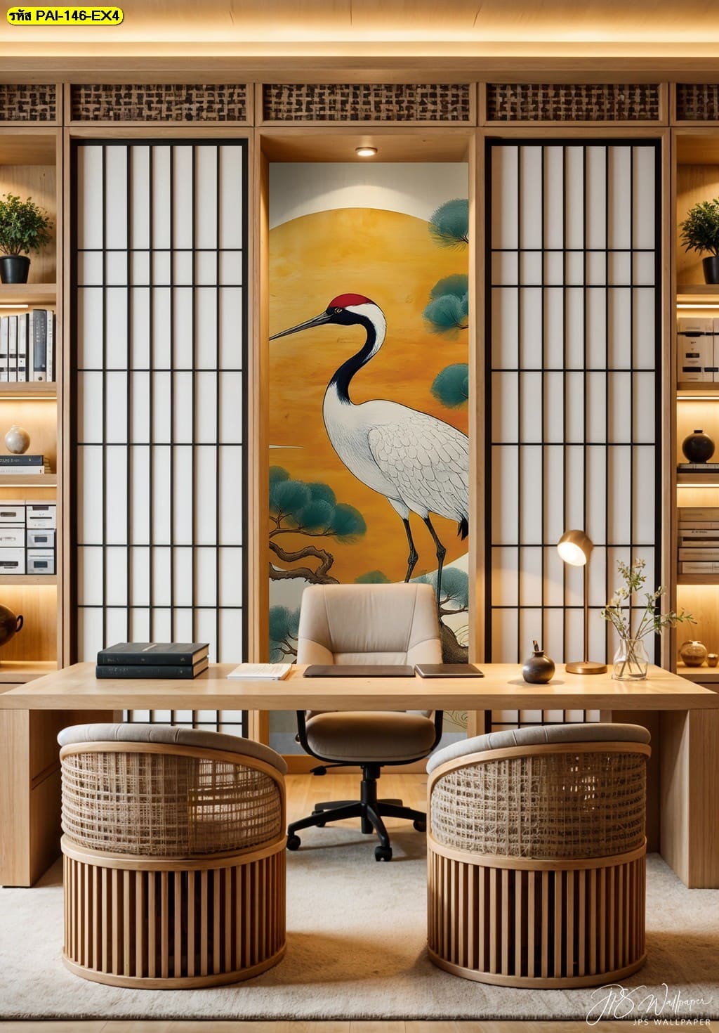 แต่งห้องทำงานแบบญี่ปุ่นด้วยวอลเปเปอร์นกกระเรียน