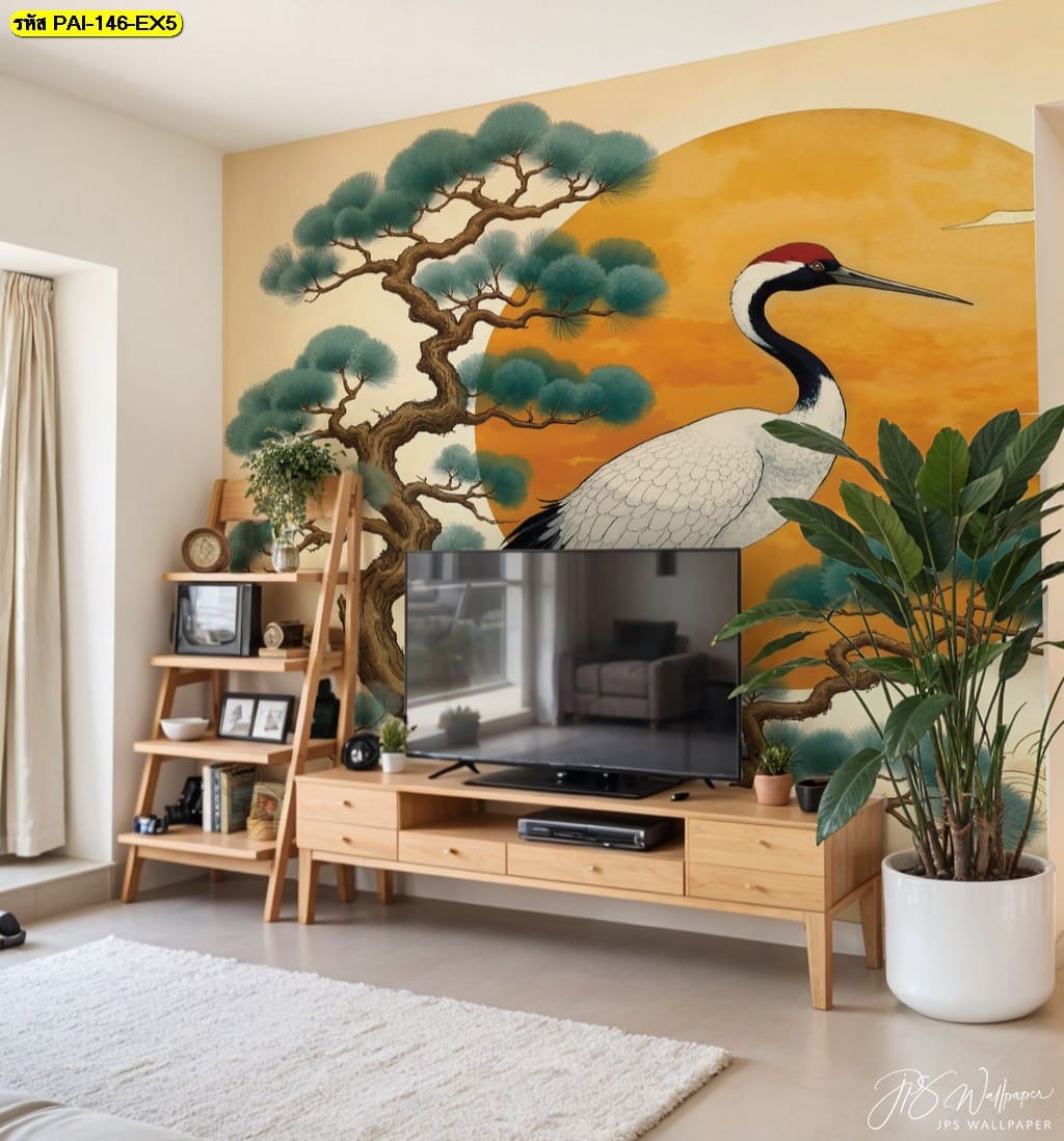 แต่งห้องนั่งเล่นสไตล์ญี่ปุ่นด้วยวอลเปเปอร์ลายนกกระเรียน