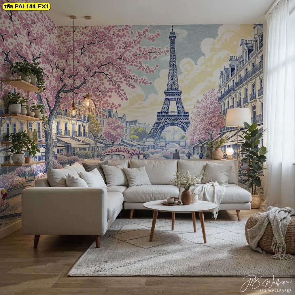 วอลเปเปอร์หอไอเฟลคู่ดอกซากุระ ถ่ายทอดศิลปะที่ผสานความสดใสกับความโรแมนติกของเมืองยุโรป