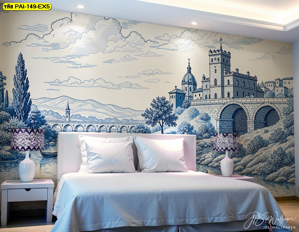 วอลเปเปอร์โทนฟ้าครีม ถ่ายทอดปราสาทยุโรปและสะพานเก่าแก่ สื่อถึงประวัติศาสตร์และความงดงามแบบคลาสสิก
