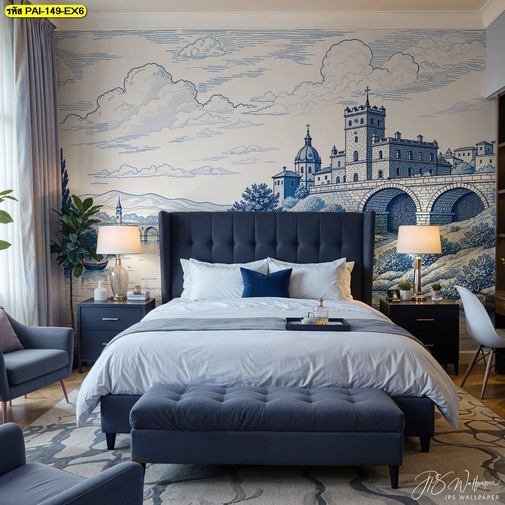 วอลเปเปอร์ภาพปราสาทยุโรปโทนฟ้าน้ำเงิน ถ่ายทอดศิลปะที่สื่อถึงความคลาสสิกและความหรูสงบในเวลาเดียวกัน