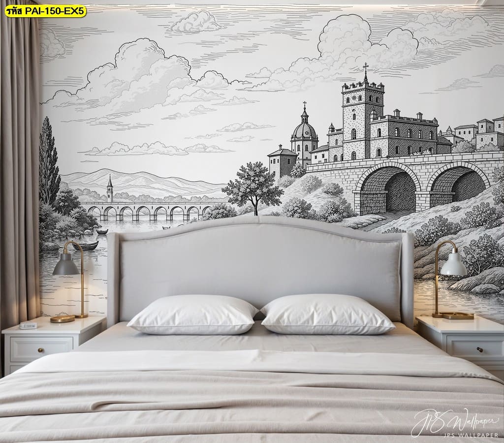 วอลเปเปอร์โทนโมโนโครม ถ่ายทอดศิลปะปราสาทยุโรปริมแม่น้ำ สื่อถึงความสง่างามและความสงบเหนือกาลเวลา