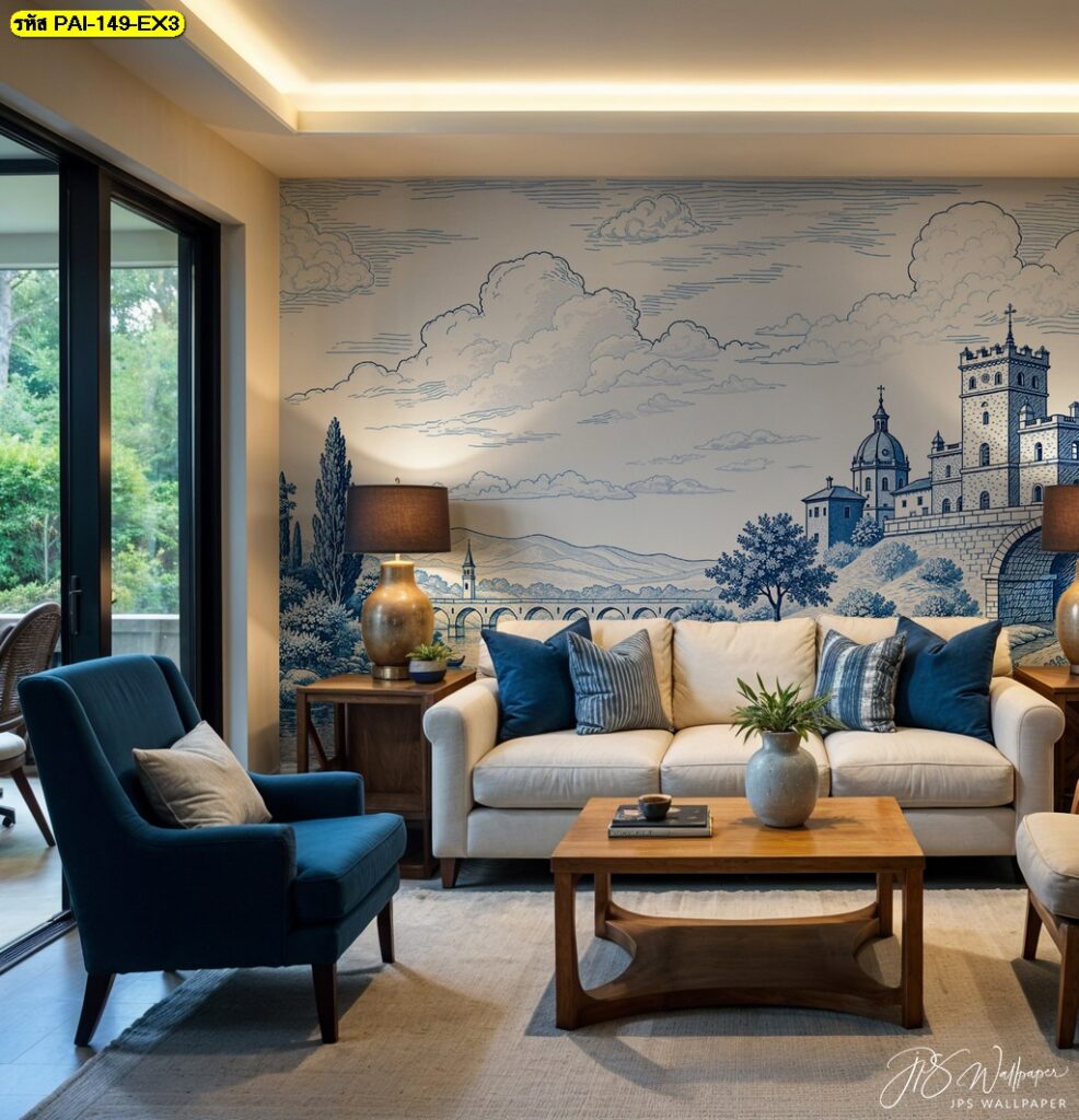 วอลเปเปอร์วิวปราสาทยุโรปริมแม่น้ำ ถ่ายทอดศิลปะที่สื่อถึงความคลาสสิกและความสงบในสไตล์ยุโรปหรู