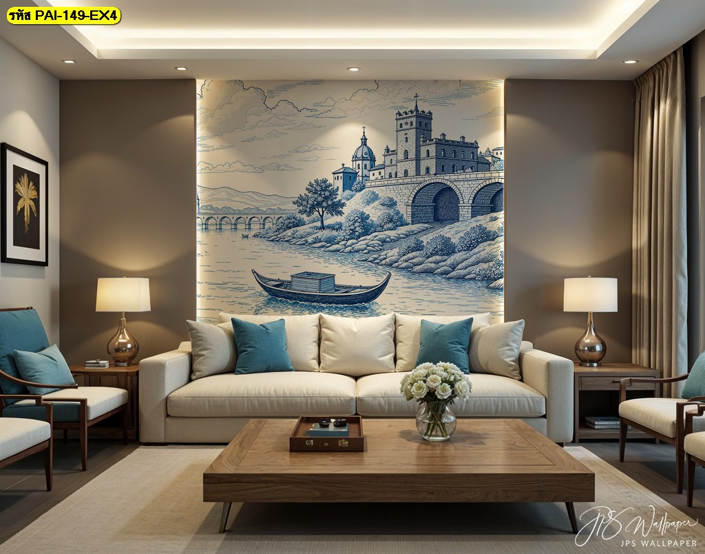 วอลเปเปอร์โทนน้ำเงิน ถ่ายทอดภาพเรือแม่น้ำและปราสาทยุโรป สื่อถึงการเดินทางและความโรแมนติกเหนือกาลเวลา