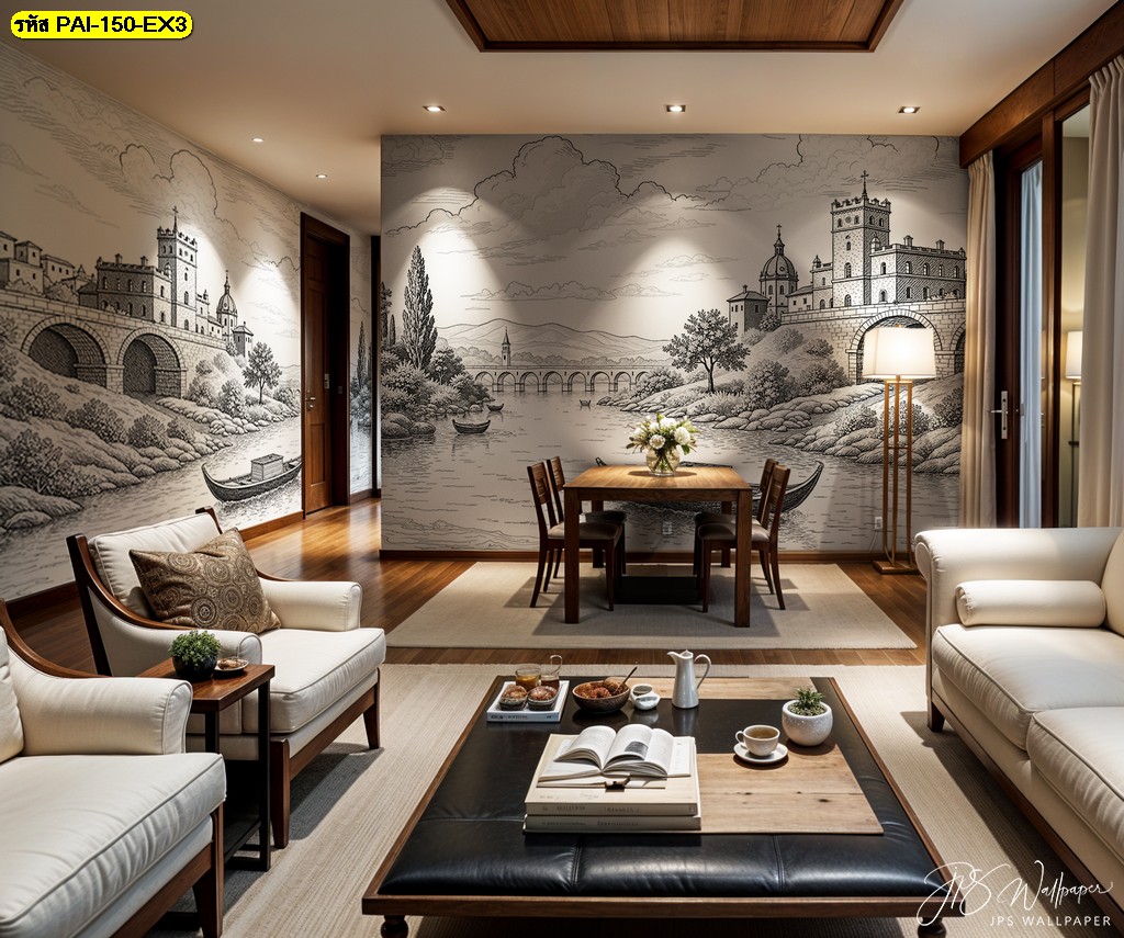 วอลเปเปอร์ภาพสเก็ตช์ปราสาทยุโรปโทนขาวดำ ถ่ายทอดศิลปะที่สื่อถึงความประณีตและความคลาสสิกแบบโมเดิร์น