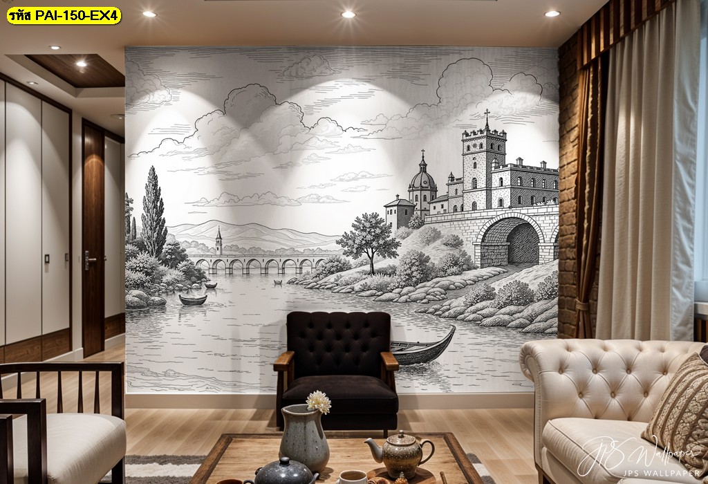 วอลเปเปอร์ภาพวิวแม่น้ำและปราสาทโทนขาวดำ ถ่ายทอดศิลปะที่สื่อถึงความสงบ หรูหรา และความคลาสสิกเหนือเวลา