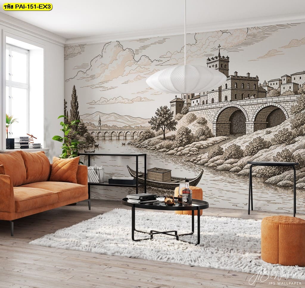 วอลเปเปอร์วิวปราสาทยุโรปโทนสีน้ำตาลอ่อน ถ่ายทอดความงามเหนือกาลเวลา เติมเต็มเสน่ห์ห้องรับแขก
