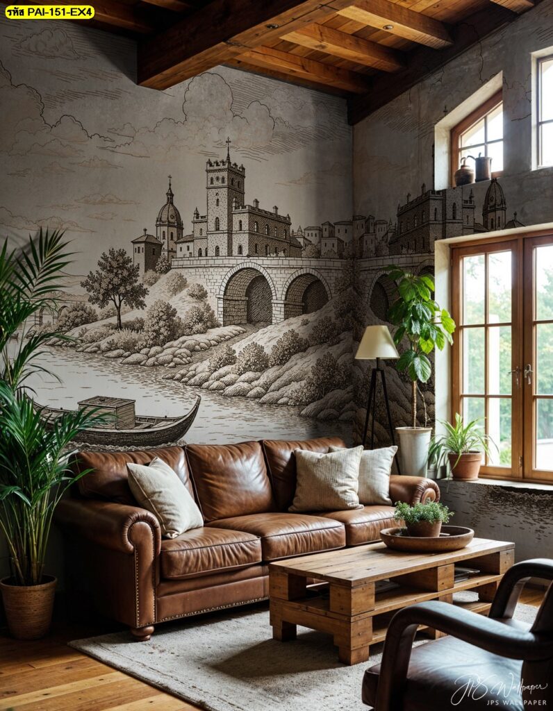 งานศิลป์ลายปราสาทยุโรปโทนเข้ม ถ่ายทอดความเก่าแก่ขรึมขลัง เติมเต็มเสน่ห์ห้องนั่งเล่นแนววินเทจ