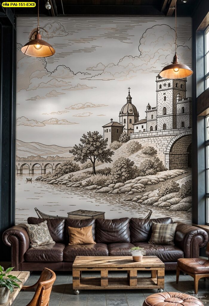 วอลเปเปอร์ปราสาทยุโรปโทนสีน้ำตาลคมเข้ม ถ่ายทอดพลังของประวัติศาสตร์ เพิ่มความอลังการแก่ห้องรับแขก