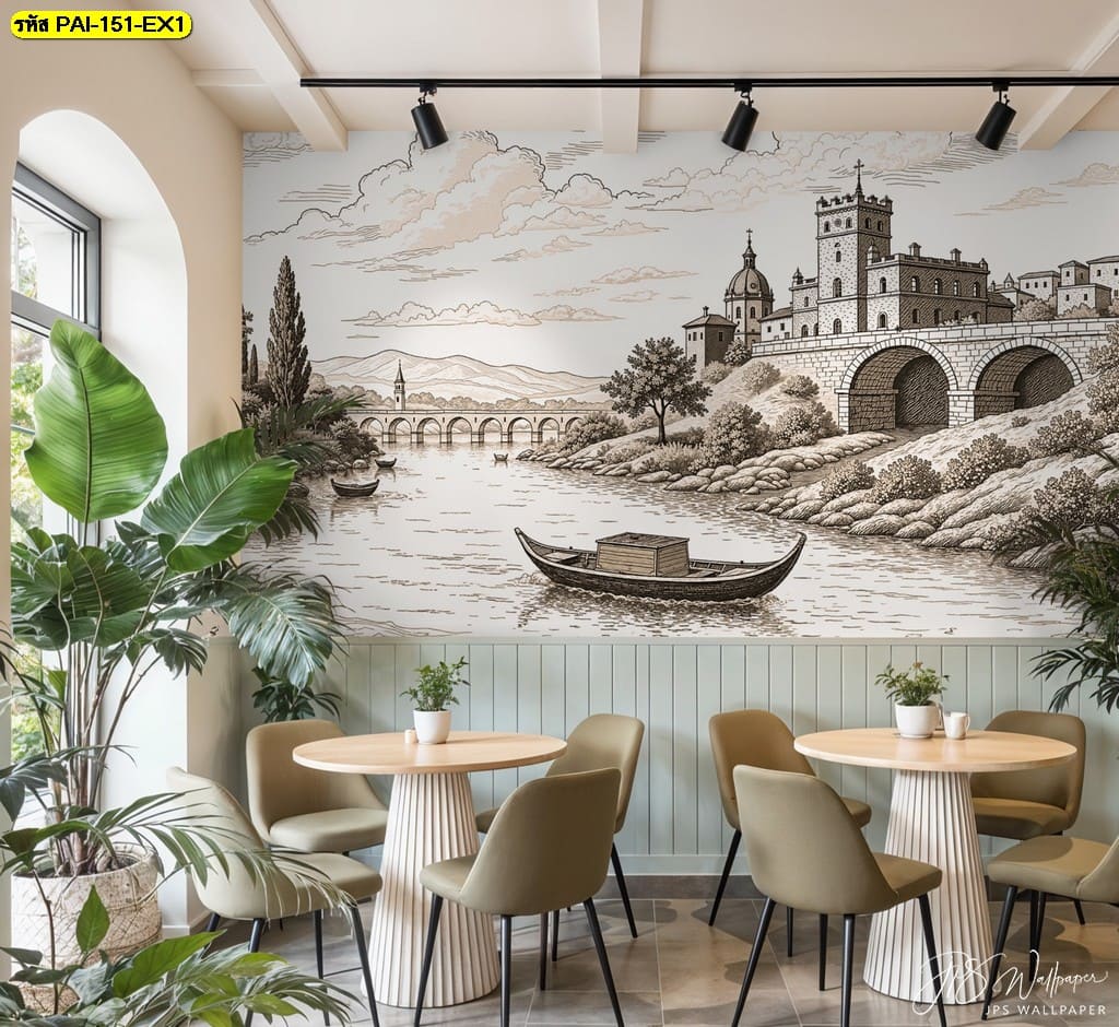 วอลเปเปอร์แม่น้ำยุโรปโบราณ ถ่ายทอดความงดงามด้วยเส้นศิลป์โทนน้ำตาล