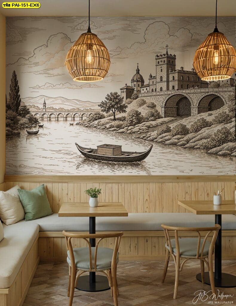 วอลเปเปอร์วิวเมืองโบราณริมแม่น้ำ ถ่ายทอดกลิ่นอายโรแมนติกและความคลาสสิก