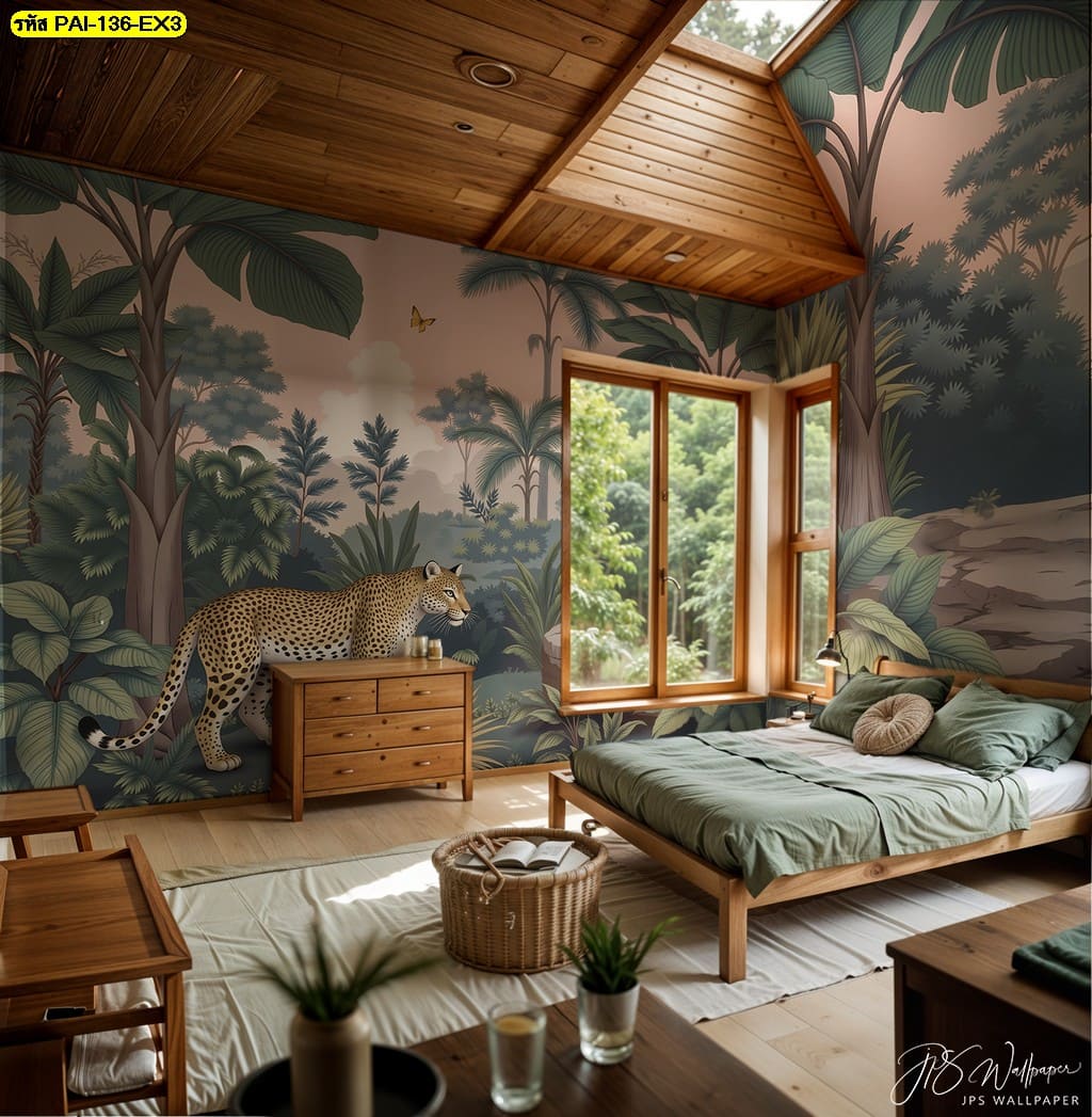 ห้องนอนโครงไม้เปิดรับแสงธรรมชาติ วอลเปเปอร์เสือดาวสร้างมิติสดชื่นในสไตล์ Modern Eco Lodge