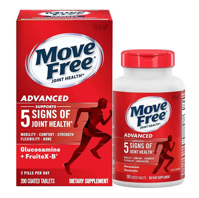 Schiff Move Free Joint Health Advanced Glucosamine & FruiteX-B 200 Coated Tablets อาหารเสริมบำรุงไขข้อ ข้อต่อ ยี่ห้อดังจากอเมริกา เหมาะสำหรับคนวัยทำงาน นักกีฬา หรือผู้สูงอายุ เพื่อเพิ่มน้ำหล่อเลี้ยงไขข้อ ช่วยลดอาการปวดเข่าเวลานั่งยองๆ หรือลงบันได คุณส