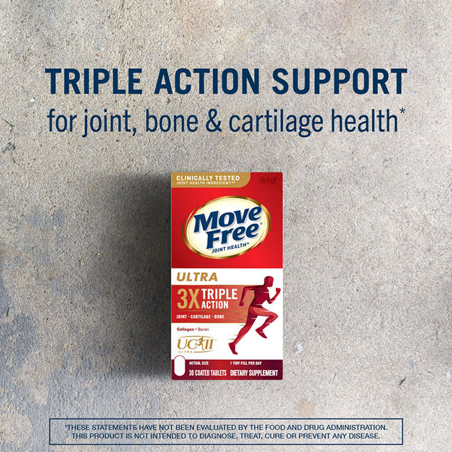 Schiff Move Free Joint Health Ultra Collagen & Boron 75 Coated Tablets อาหารเสริมสุขภาพข้อกระดูกอ่อนและกระดูก รุ่นใหม่ ทานง่ายขึ้น เม็ดเล็กลง ทานแค่ 1 เม็ด หลังอาหาร มี Collagen Type ll และHyaluronic acid (HA) ตัวเดียวกับที่อยู่ในน้ำหล่อเลี้ยงบริเวณข้