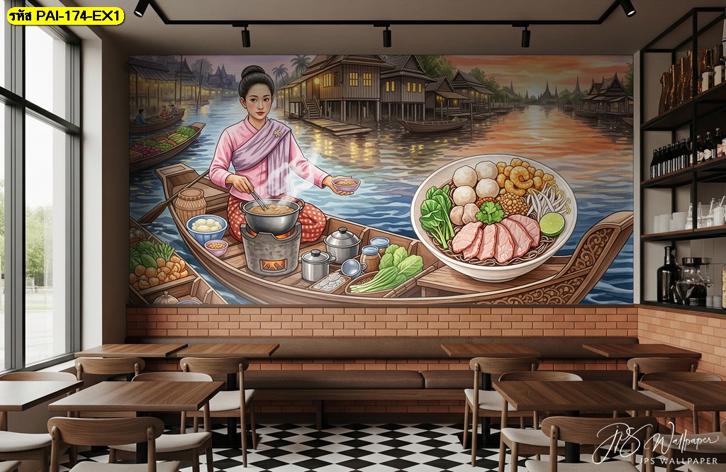 วอลเปเปอร์ภาพตลาดน้ำไทยยามเย็นในโทนส้มทอง ถ่ายทอดบรรยากาศอบอุ่นและกลิ่นอายความทรงจำไทยดั้งเดิม