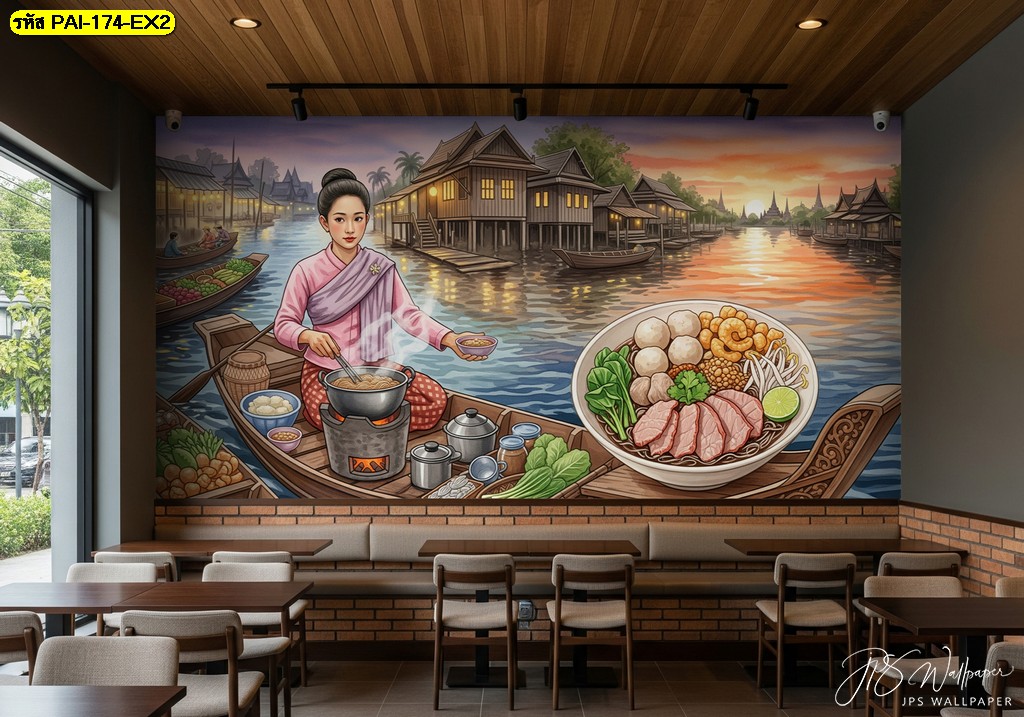 วอลเปเปอร์ภาพตลาดน้ำไทยในช่วงตะวันลับฟ้า ใช้โทนแสงทองส้มผสานสีน้ำเงินของสายน้ำ