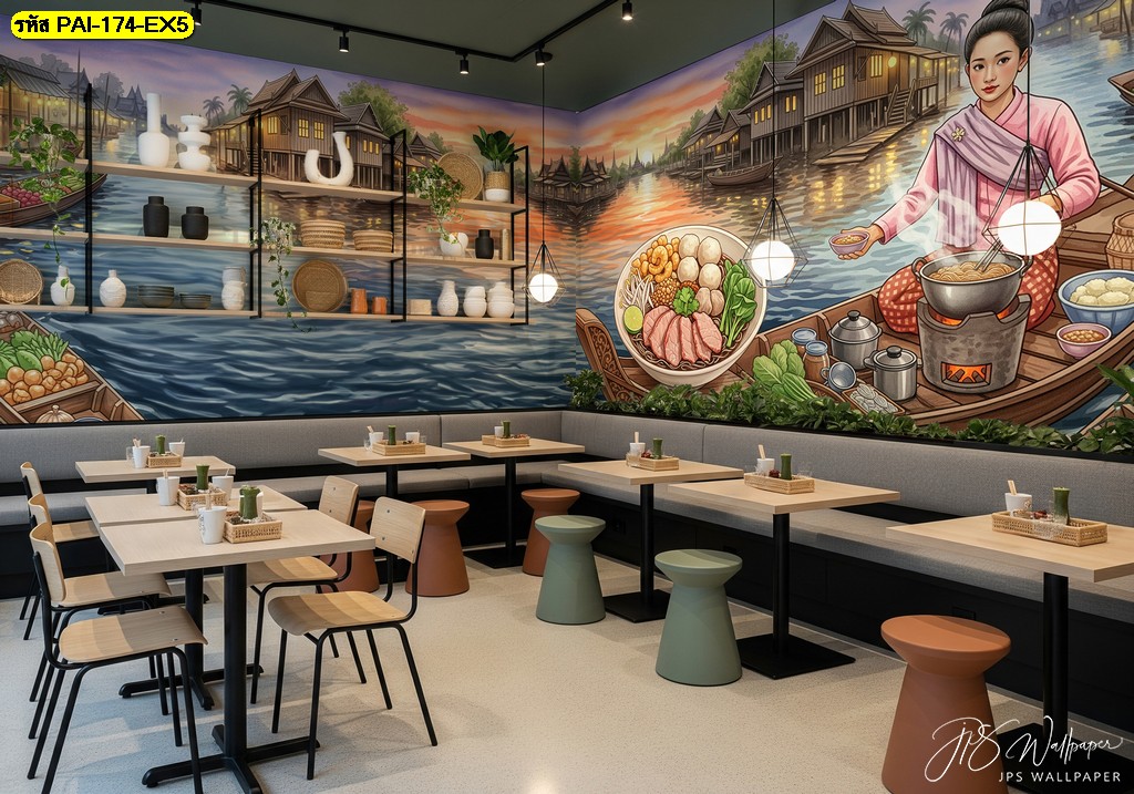 วอลเปเปอร์ลายตลาดน้ำโบราณในโทนอบอุ่น สื่อถึงบรรยากาศไทยแท้ที่เต็มไปด้วยความมีชีวิตชีวา