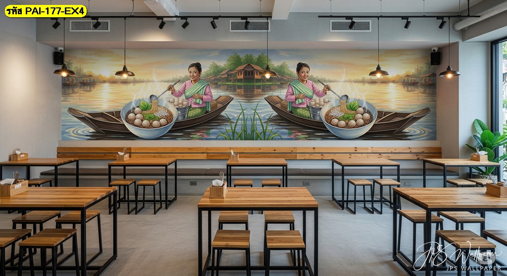 วอลเปเปอร์แม่ค้าชุดไทยพื้นบ้านถือทัพพีลวกเส้นกลางเรือในตลาดน้ำยามเช้า