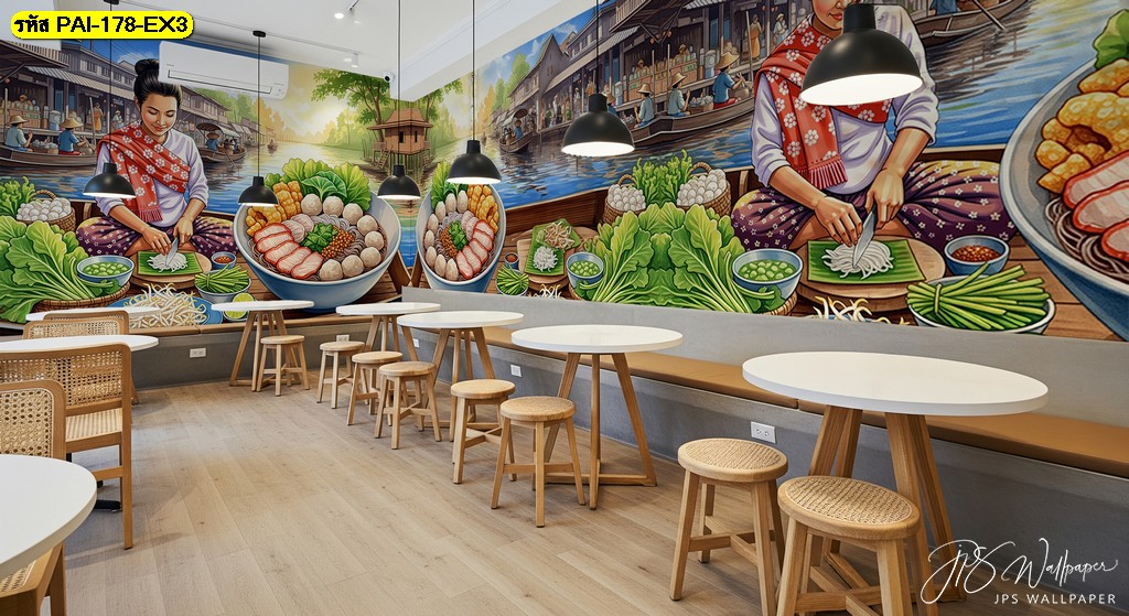 ภาพแม่ค้าชุดพื้นเมืองกลางตลาดน้ำ ถ่ายทอดศิลปะไทยสดใส เพิ่มชีวิตชีวาและเอกลักษณ์ให้ร้านอาหาร