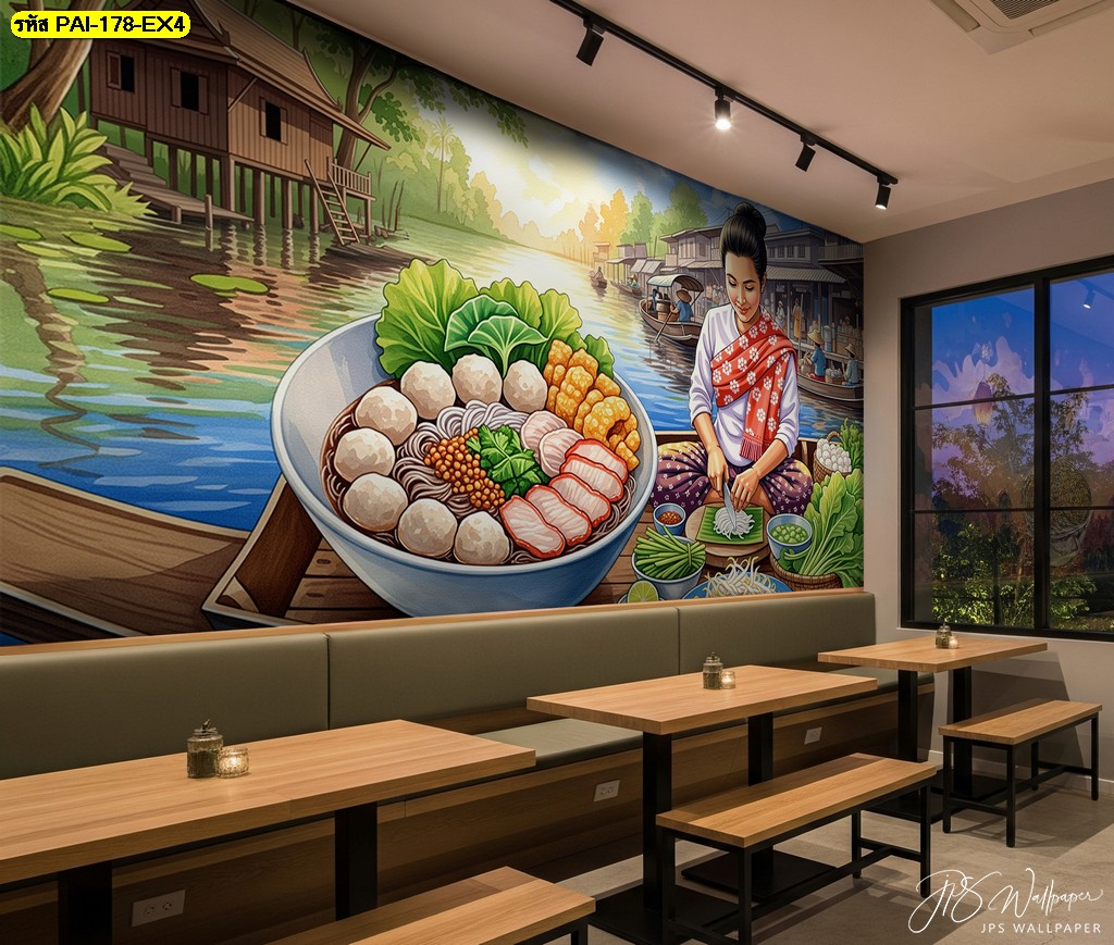 วอลเปเปอร์แม่ค้าชุดไทยกลางสายน้ำทอง ถ่ายทอดบรรยากาศสงบและอบอุ่นในร้านอาหารไทยสมัยใหม่